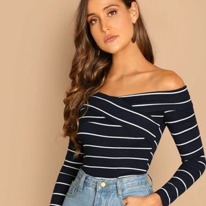 Navy Off the Shoulder Cross Wrap